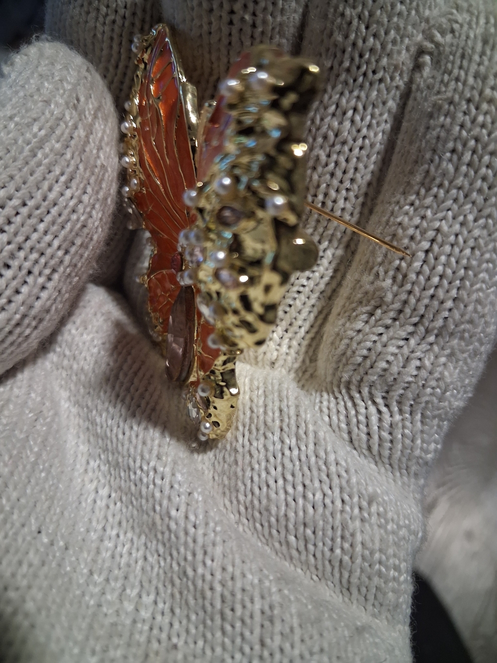 Gold-Tone Orange Butterfly Brooch with Crystal & Pearl Detail - Picture 4 of 6
